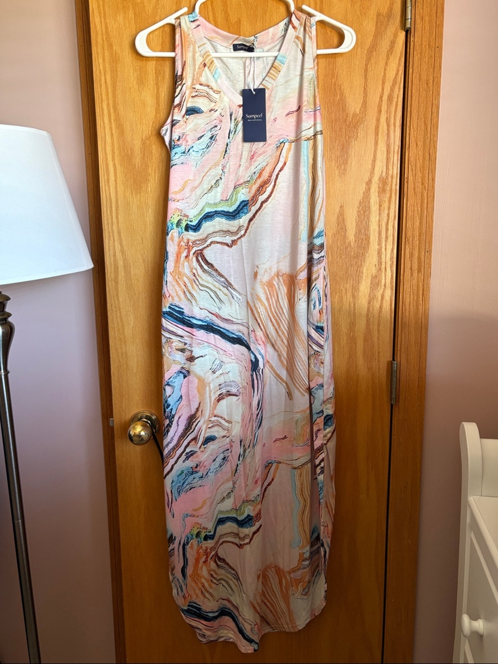 Sleeveless Marble-Print Maxi Dress in Pastel Pink by Sampere